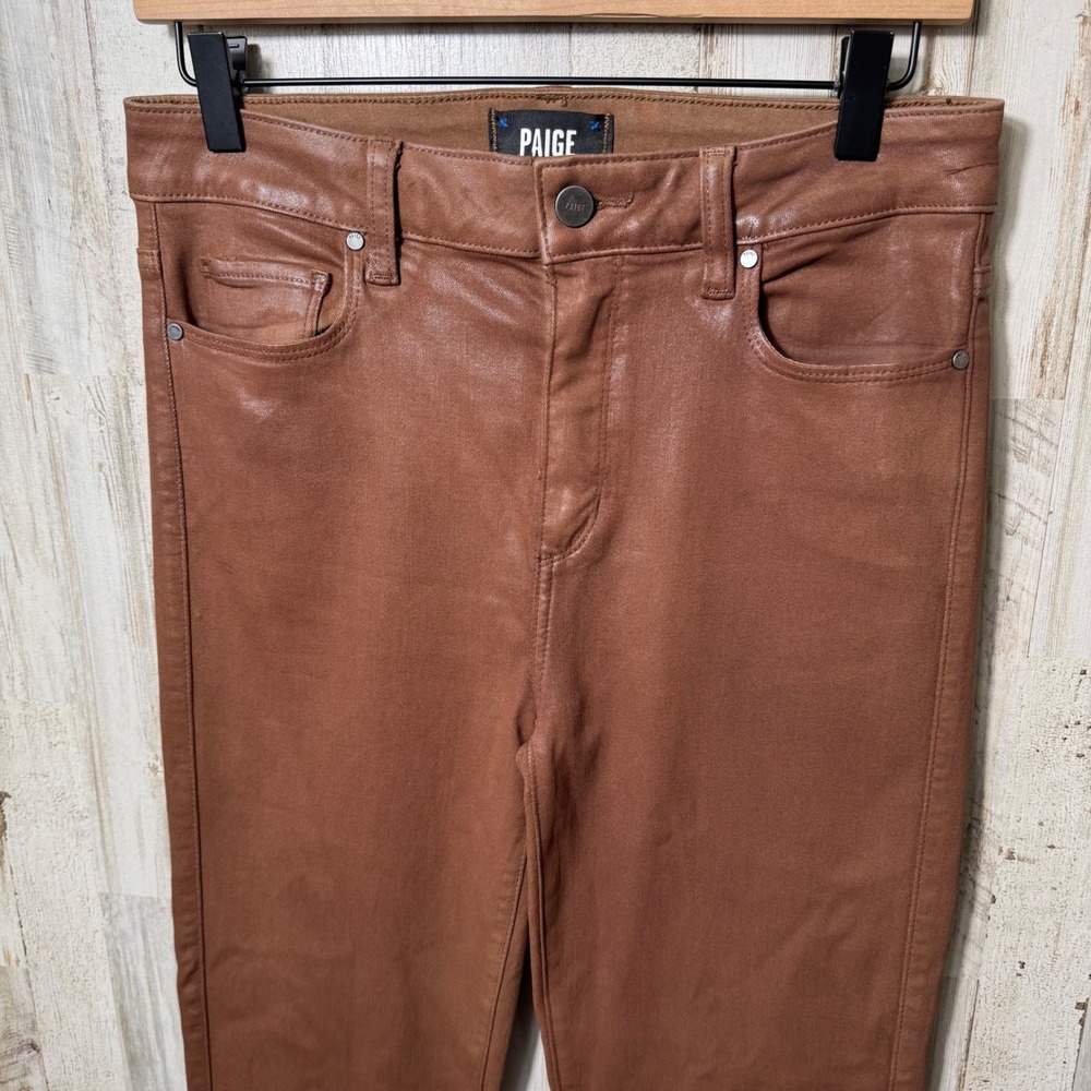 PAIGE Brown Cognac Cindy High Waist Ankle Straight Faux Leather Jeans Womens 29 - Picture 2 of 8